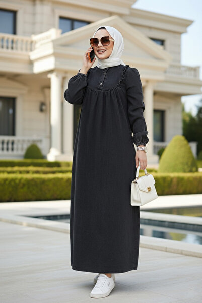 Neva Style Anthracite Hijab Jeans Dress - 19141ANT Λεπτομέρεια Εφαρμογή τσέπης
