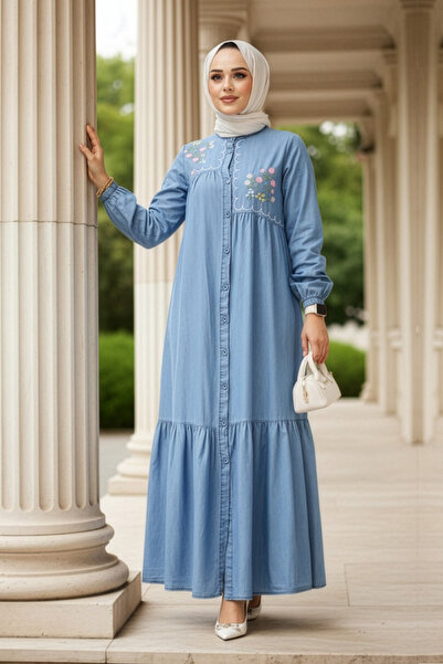 Neva Style Μπλε τζιν φόρεμα Hijab με κουμπιά 19147M