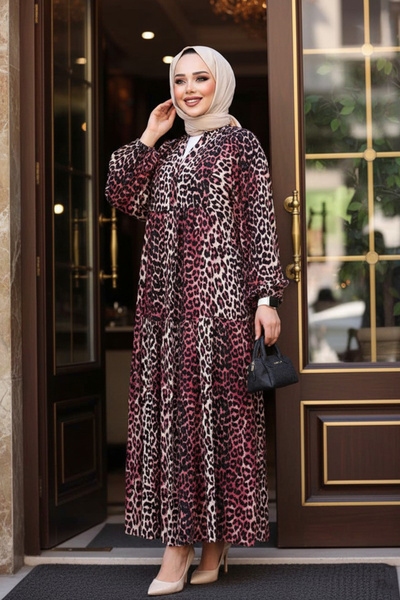 N.S NEVA STYLE Leopard Patterned Burgundy Hijab Dress 52942Br