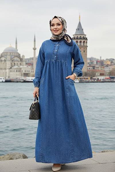 Neva Style Τζιν με κουμπιά Σκούρο Μπλε Φόρεμα Hijab 19139KM