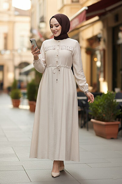 Neva Style Beige Hijab Dress - Buttoned 17131Bej
