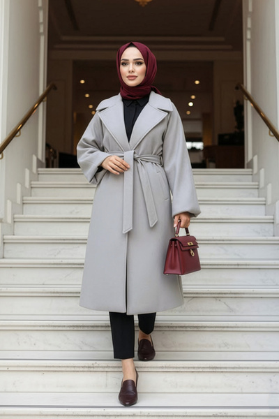 N.S NEVA STYLE Palton gri cu curea Tesettür 61631GR