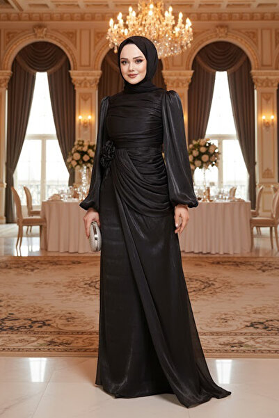 Neva Style Βραδινό φόρεμα μαύρο χιτζάμπ με λεπτομέρεια ντραπέ 51203S