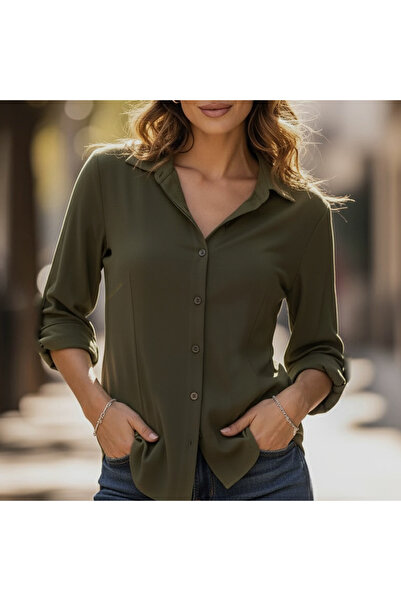 Exve Exclusive Khaki Green 100% Cotton Woven Basic Long Sleeve Women's Shirt