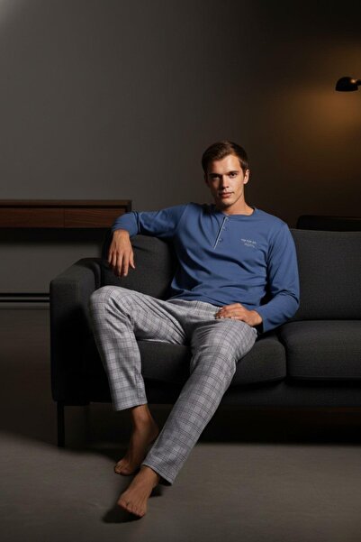 PİJAPİA Men's Long Sleeve Pajama Set Blue 100% Cotton