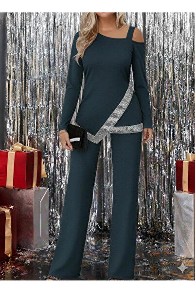 Silerra Women's One-Shoulder Open Long-Sleeved Front Sequined Imported Crepe Blouse and Pants