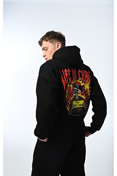 Unisex Oversize Kapüşonlu Siyah Pamuklu Sweatshirt – Life in Chaos