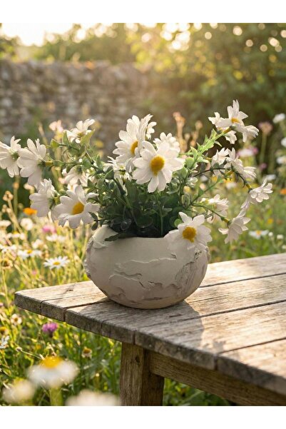 Lineva Dünya Desenli Saksıda Yapay Beyaz Papatya – Dekoratif Ev & Ofis Masa /...