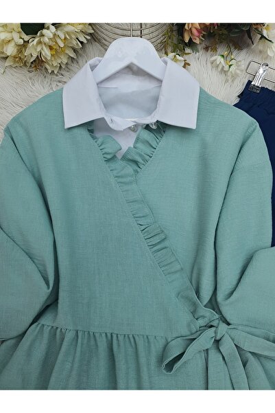 Modamorfo Linen Kimono with Side Double Lacing and Ruffled Collar - Mint