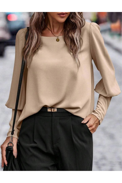 BALCI Women's Long Sleeve Round Neck Buttoned Imported Crepe Blouse