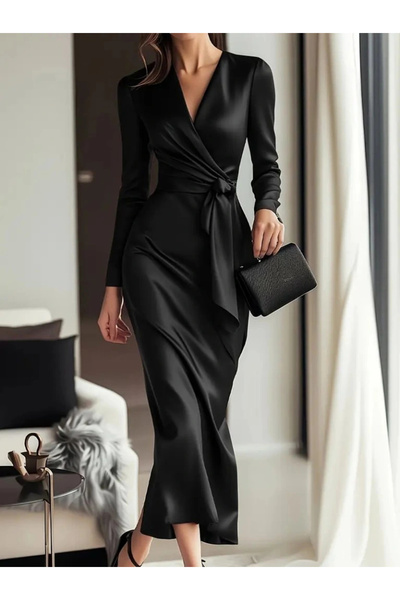 BEFAON Women's Long Sleeve Double-Breasted Collar Belted Waist Long Satin Dress