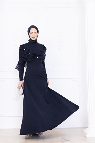 sedadenizstore TESETTÜR ABİYE ELBİSE -İNCİ DETAYLI ŞAL YAKALI
