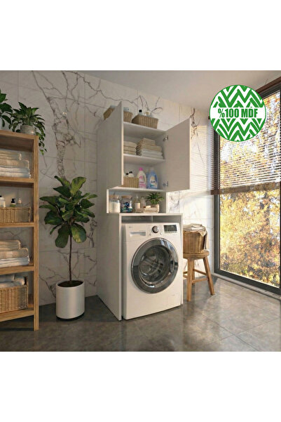 vesso Çamaşır Makinesi Dolabı 3 Raflı Kapaklı Banyo Dolabı Beyaz %100 MDF