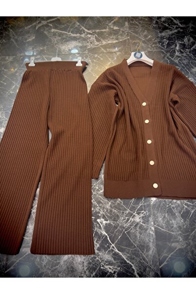 MY QILAM Γυναικείο Σετ Πλεκτό Χιτζάμπ Κερασί Κεντημένο Ζακέτα με Φούστα Σετ Καφέ