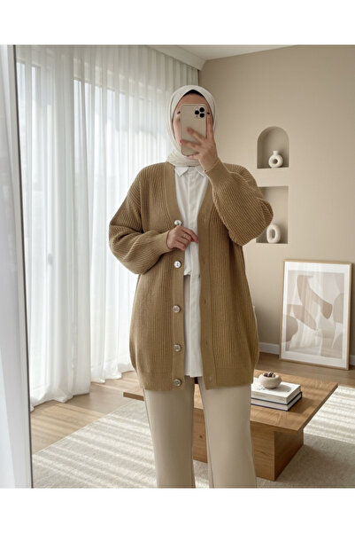 Modamorfo Buttoned Medium Length Knit Cardigan - Mink