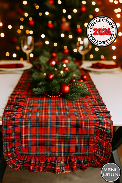 Soft Kare Kırmızı Fırfırlı Yılbaşı Runner – Şık Noel Masası Dekoratif Örtü