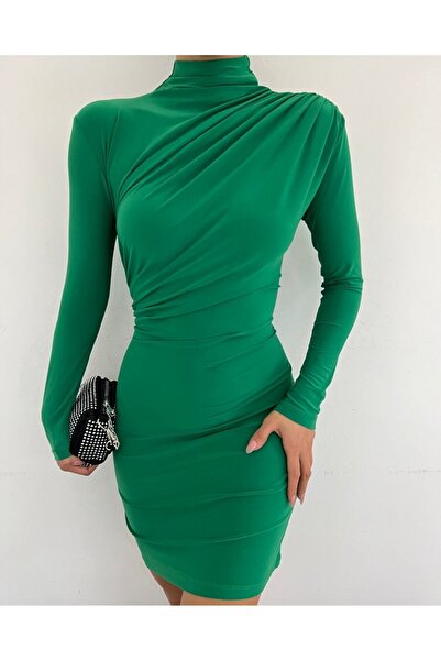 Modamorfo Sukienka mini z piaskowego materiału, z plisami po bokach i przy szyi