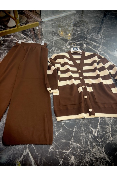 MY QILAM Γυναικείο Σετ Χιτζάμπ Κάτω και Πάνω Μέρος Ριγέ με λαιμόκοψη σε σχήμα V με χρυσό κουμπί Λεπτομερές Ζακέτα Παντελόνι Πλεκτό Σετ Καφέ