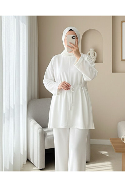 Modamorfo Round Neck, Front Ruched, Rope Detail, Sleeves Folded, Slit Sweatshirt - White