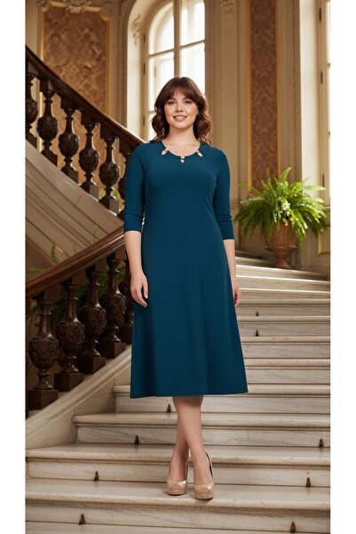 Nidya Moda Kadın Yeşil Metal Aksesuar Abiye Elbise 4081Y