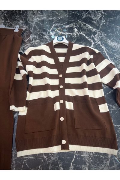 MY QILAM Γυναικείο Σετ Χιτζάμπ Κάτω και Πάνω Μέρος Ριγέ με λαιμόκοψη σε σχήμα V με χρυσό κουμπί Λεπτομερές Ζακέτα Παντελόνι Πλεκτό Σετ Καφέ