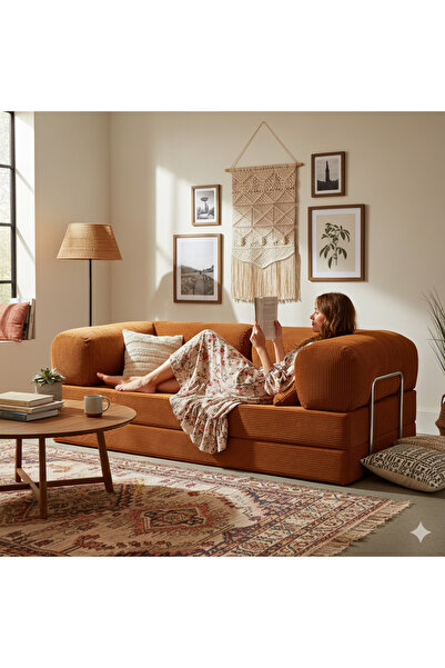 DECHOME Meganest 200x100 Modern Fitilli Kadife Kanepe| Yatak Olabilen, Dayanıklı Orta Sert Sünger.