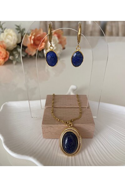 TARZ-I TAKI ( KÜPE ve KOLYE ) ÇELİK Zincir Lacivert LAPİS DOĞAL TAŞ KOLYE & K...