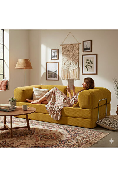 DECHOME Meganest 200x100 Modern Fitilli Kadife Kanepe| Yatak Olabilen, Dayanıklı Orta Sert Sünger.