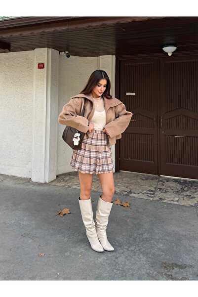 Perryes Norra Women &Apos; S Short Coat - Wide Collar, Zip-Up, Light Brown