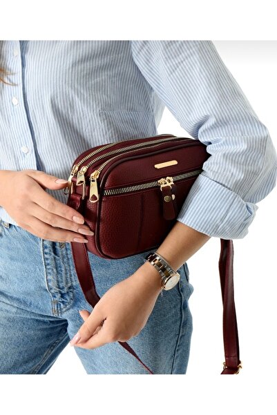 selma demir Дамска бордова кожена чанта с четири отделения и регулируема през...