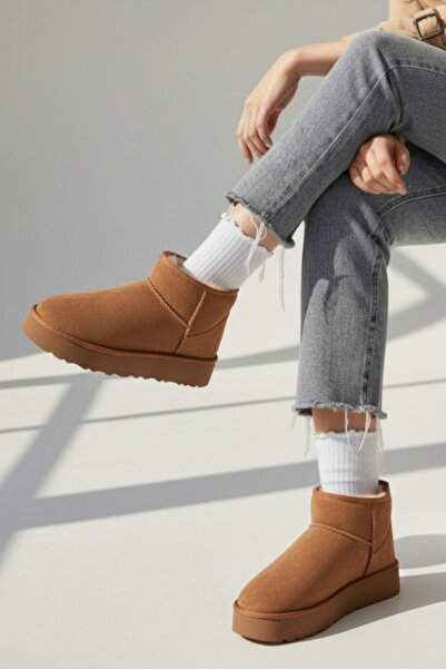 XWOH Γυναικείες μπότες Tan Suede με επένδυση από γούνα μάλλινη χοντρή σόλα με ψηλό τακούνι Χειμερινές κοντές μίνι μπότες Ug