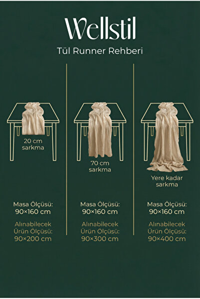 Wellstil Nuvé | %100 Pamuk Tül Runner, Bohem, Düğün Nişan Organizasyon Masa Örtüsü 90 x 200 cm Bej
