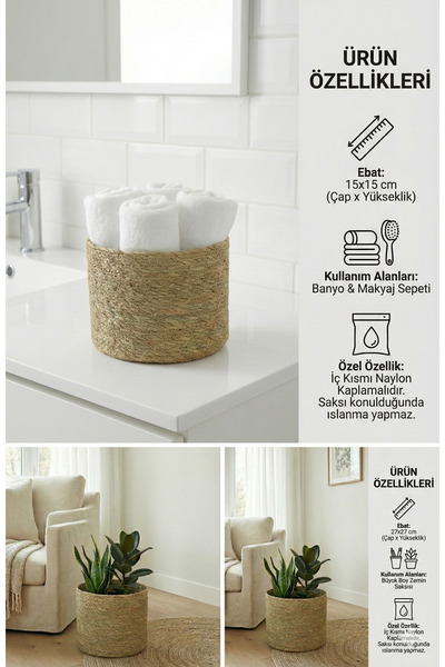 sever ithalat Doğal Liflerden Örme Yuvarlak Sepet Saksı, 6 Farklı Ebatlarda Tekli Satış