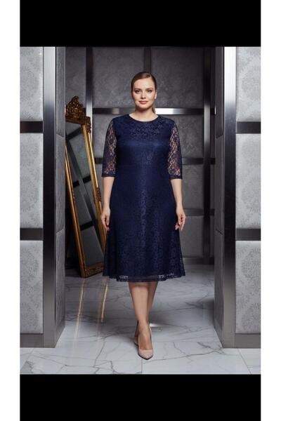 Nidya Moda Büyük Beden Kloş Lacivert Dantel Abiye Elbise-4036l