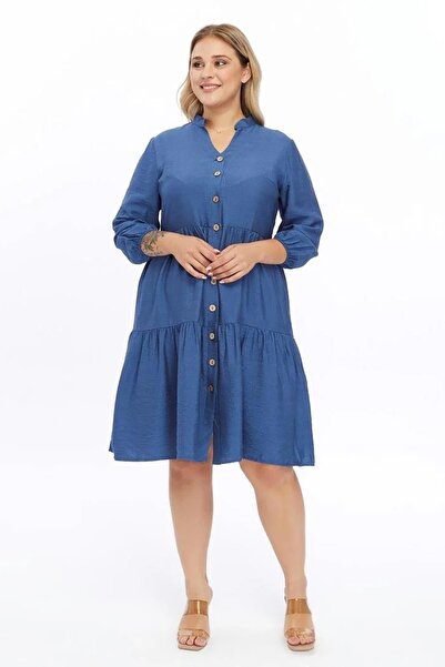 Apsen Collection Apsen Women's Indigo Plus Size V-Neck Button Midi Dress 4483...