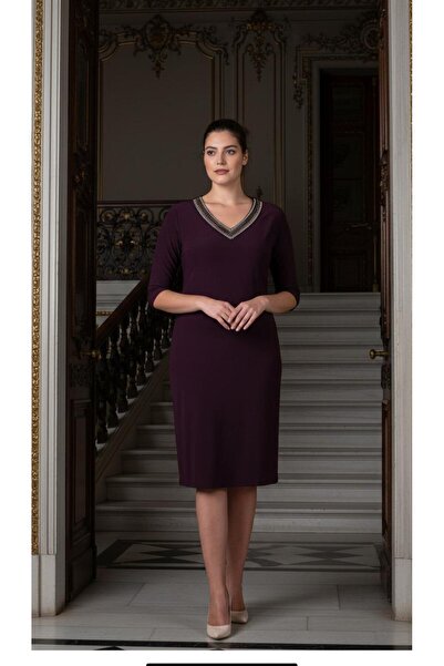 Nidya Moda Büyük Beden Mürdüm V Taşlı Abiye Elbise 4039m