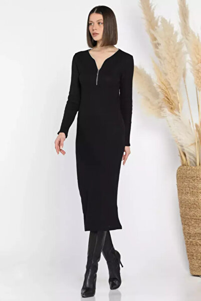 Zerenyus Corded Fabric Zippered Fleece-Lined Dress Black