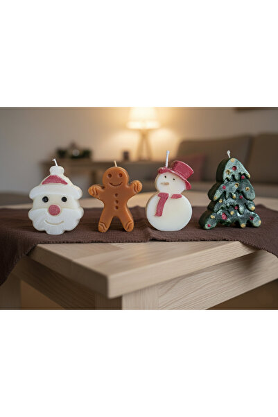 EYA STUDİO 4 Parça Yılbaşı Temalı Dekoratif Mum Seti- Kardan Adam - Noel Baba...