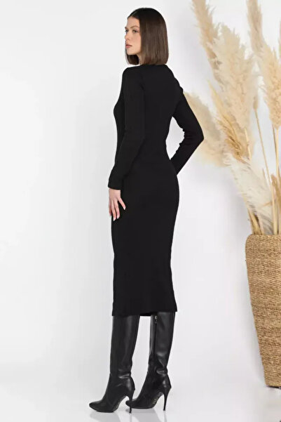 Zerenyus Corded Fabric Zippered Fleece-Lined Dress Black