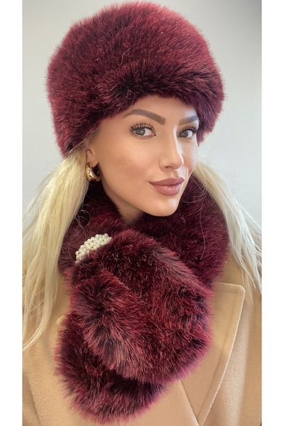 Muzky Artificial fur hat and scarf, burgundy (one size)