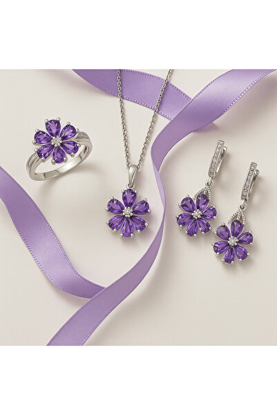 Siset Gümüş 925 Ayar Rodyum Kaplama Ametist Taşlı Lotus Çiçeği Gümüş Set