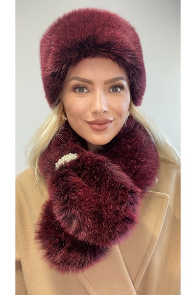 Muzky Artificial fur hat and scarf, burgundy (one size)