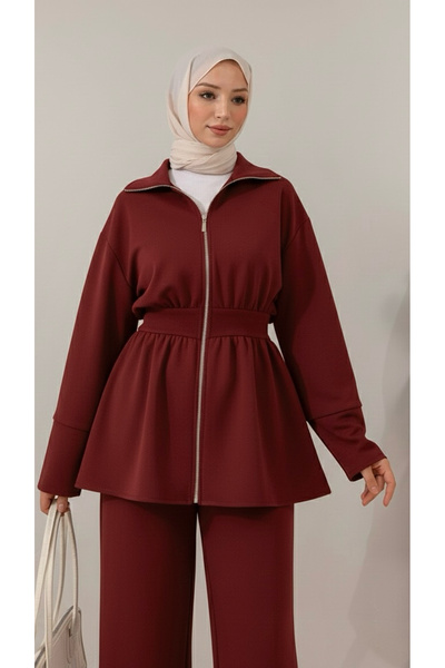 AKIZER Scuba Kumaş Kadın İkili Alt Üst Tesettür Takım Bordo