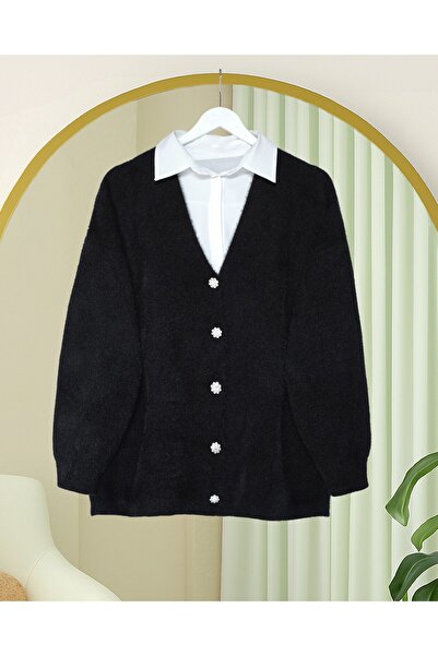 Modamorfo Buttoned Front Bearded Loose Knit Cardigan - Black