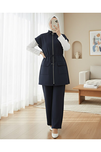 Modamorfo Double Pocket Zippered Rubber Detailed Short Sleeve Scuba Suit - Navy