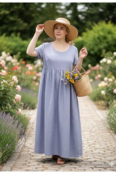 SOLOBUY فستان، بلجيكا أوروبا كتان 100%، ماكسي، أكمام قصيرة، قصة فضفاضة