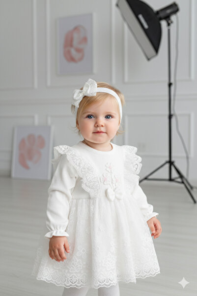 Miniday Baby Kız Bebek Mevlütlük Elbise Bandanalı Dantelli ELB1066