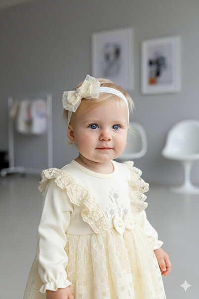 Miniday Baby Kız Bebek Mevlütlük Elbise Bandanalı Dantelli ELB1066