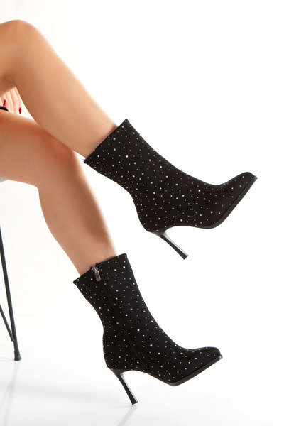 Miss Mitto Kadın Siyah Şık Gümüş Parlak Taşlı İnce Topuklu Rahat Bot