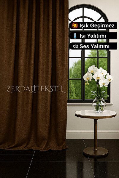 ZERDALİTEKSTİL Lüks 1. Sınıf Özel Dikim Kahverengi Blackout Işık Geçirmez Fon...